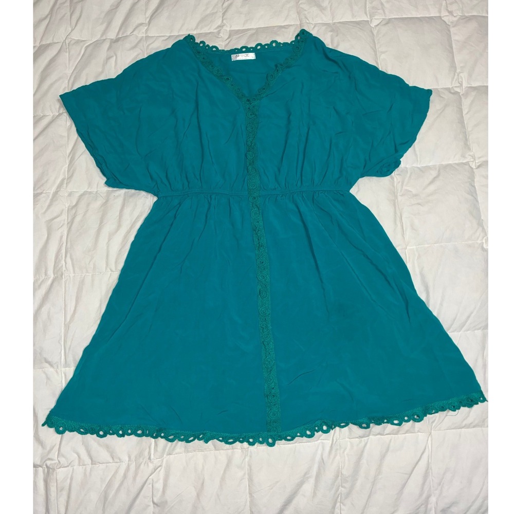 AIMAGE Teal Crochet Lace Trim Mini Dress Elastic Waist Dolman Sleeve Small